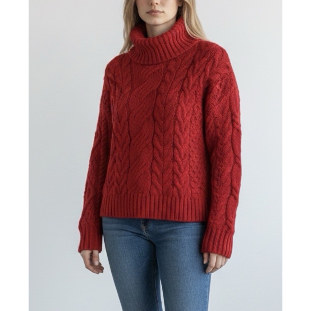 Carraig Donn Ireland Red Merino Wool Cable Knit Cozy Aran Cowl Neck Sweater M